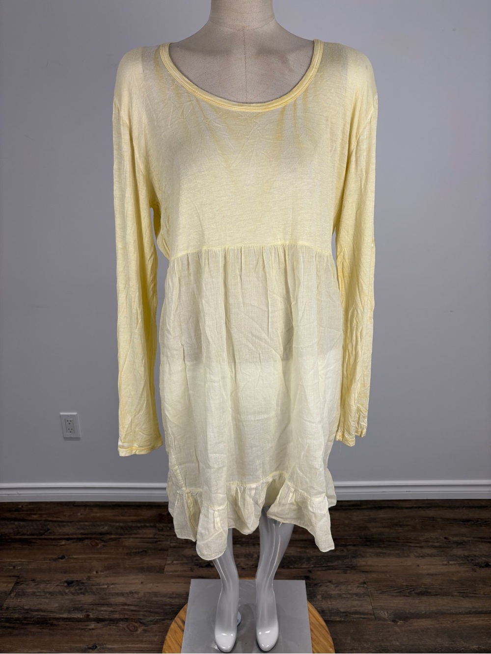 Baba India Onesize Butter Yellow Babydoll Dress Long Sleeve Ruffle Tunic Boho